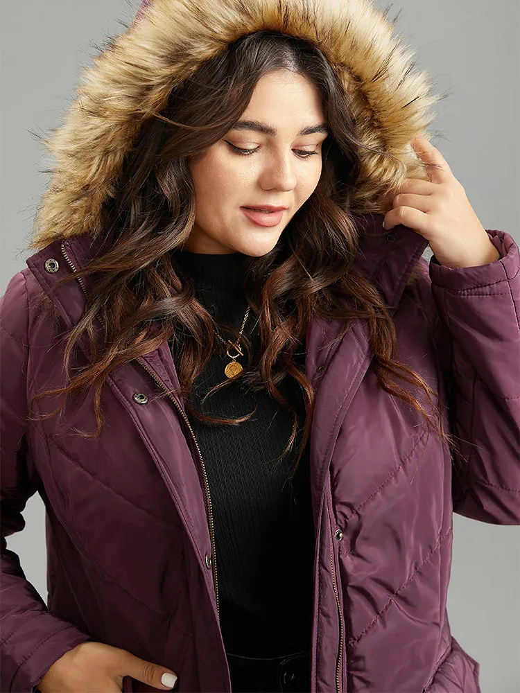 Solid Flap Pocket Fuzzy Trim Padded Coat