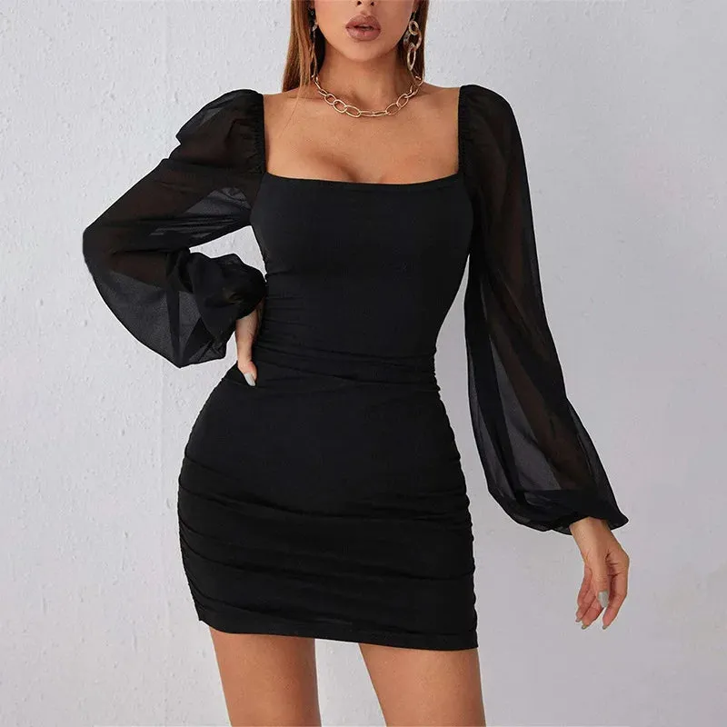 Square Collar Sexy Elegant Hip Dress Women's Mesh Stitching Long-Sleeved Pleated Slim-Fit Dress Spring Summer Commuting Wear