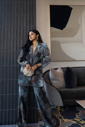 Sruthi Jaidevi in Our Velvet Printed Oversized Blazer Set with Cording Bralet from Ancienne Collection