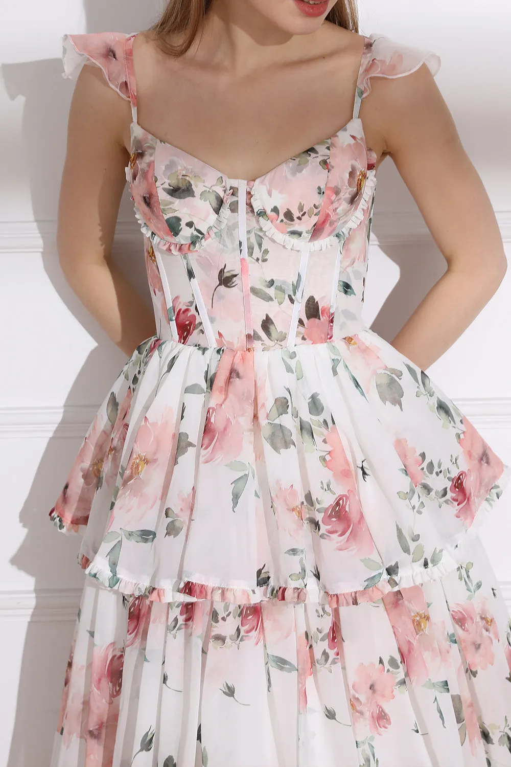 Straps Corset Floral Print Chiffon Tiered Dress