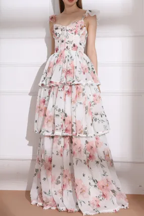 Straps Corset Floral Print Chiffon Tiered Dress