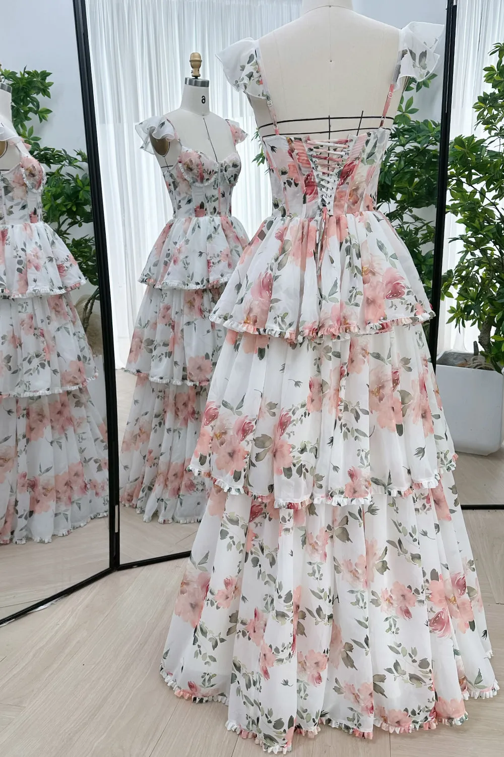 Straps Corset Floral Print Chiffon Tiered Dress