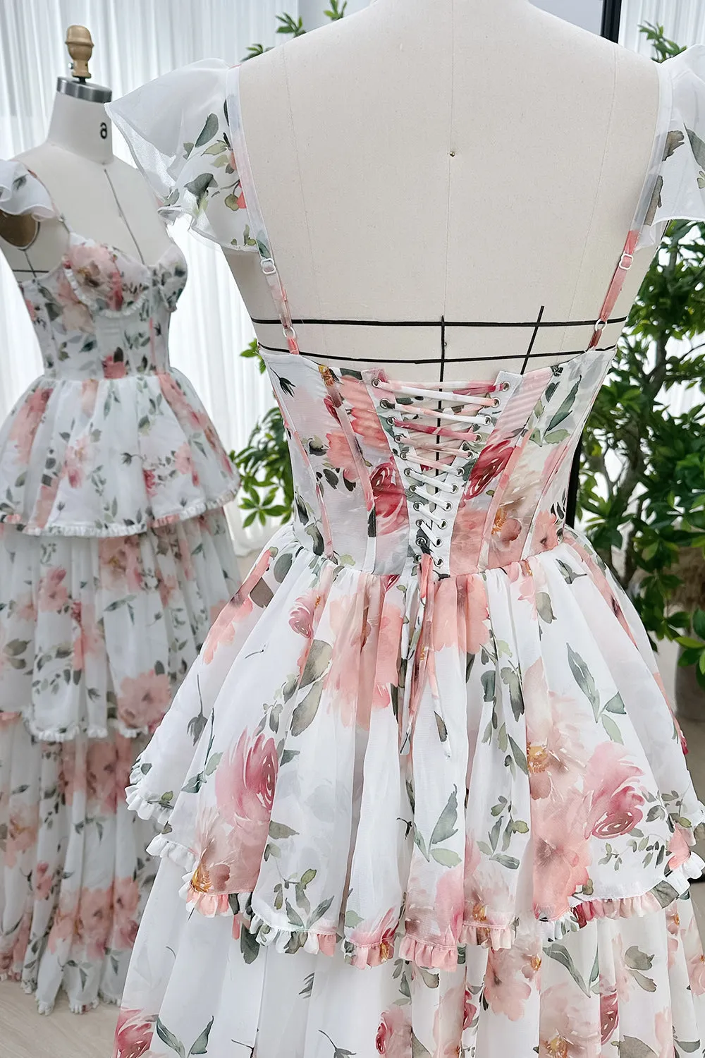 Straps Corset Floral Print Chiffon Tiered Dress