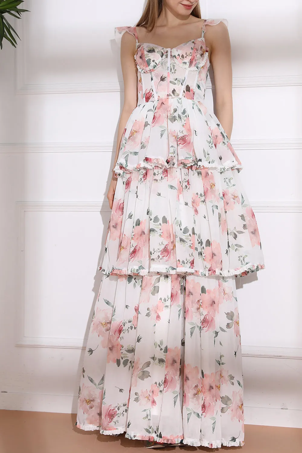 Straps Corset Floral Print Chiffon Tiered Dress