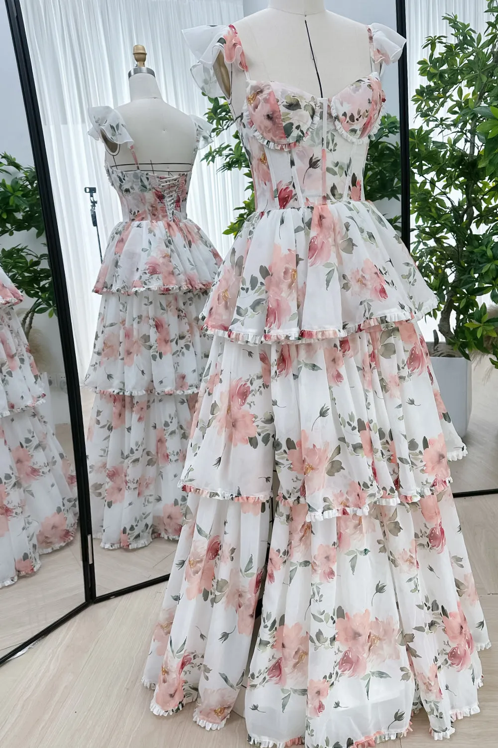 Straps Corset Floral Print Chiffon Tiered Dress