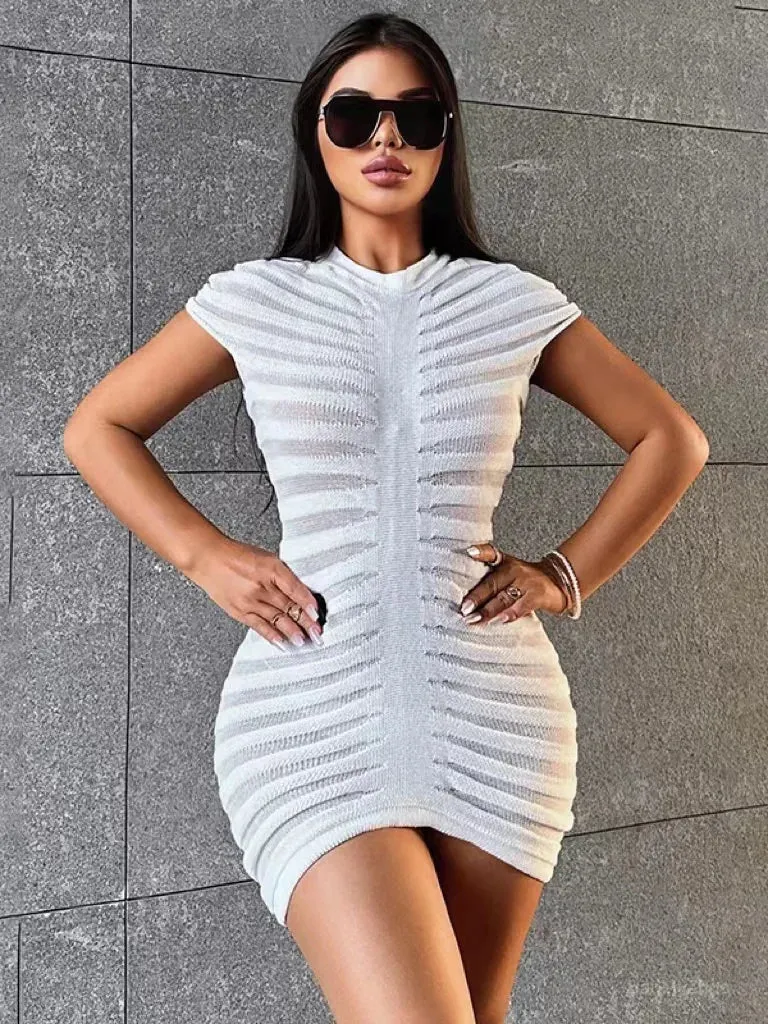 Stretch Skinny Short Knit 2024 O-Neck Sexy Solid Sleeve Summer Striped Dress