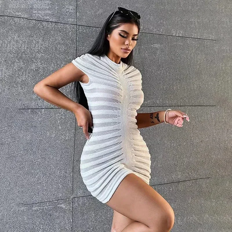 Stretch Skinny Short Knit 2024 O-Neck Sexy Solid Sleeve Summer Striped Dress