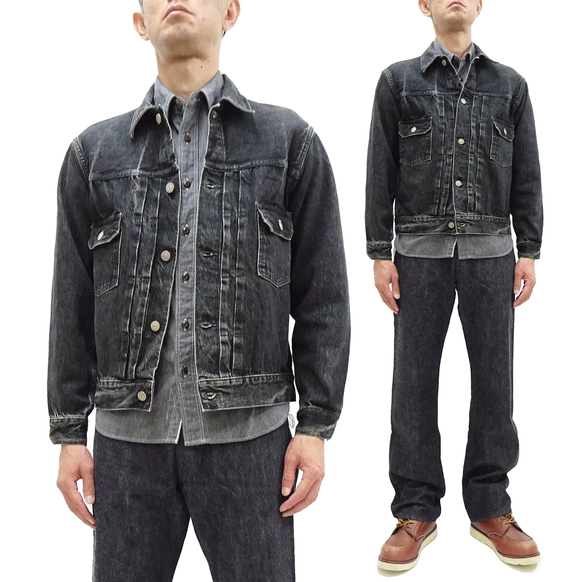 Sugar Cane Faded Black Denim Jacket SC15650H Men's 1953 Type 2 Style Jean Jacket SC15650H 419H Hard Wash