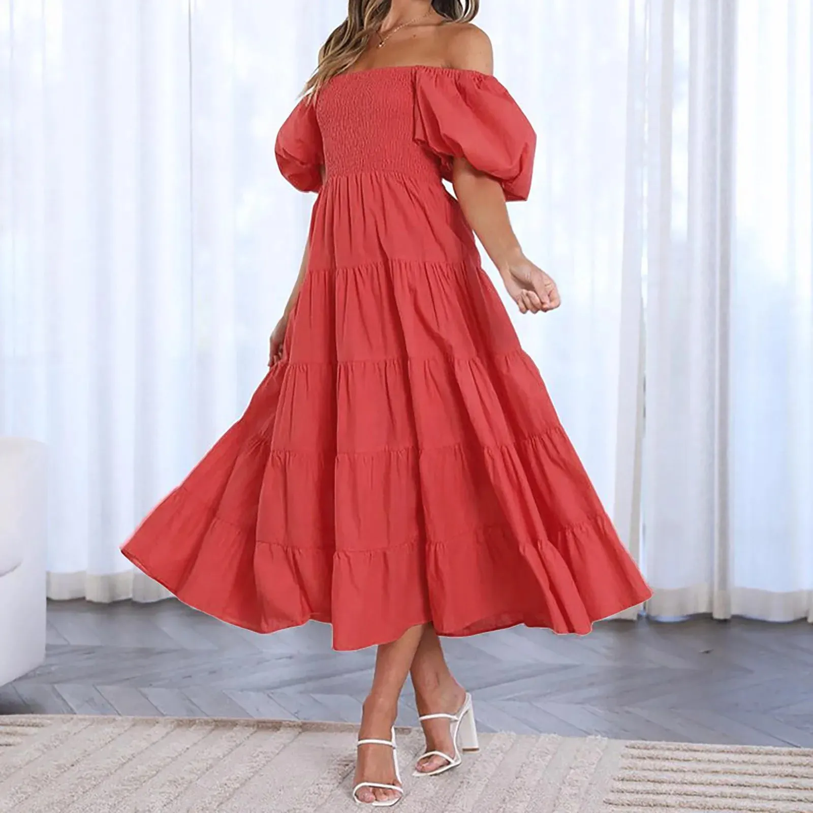 Summer Fashion Sleeve Versatile Loose Solid New Colour Casual Strapless Bubble Dress