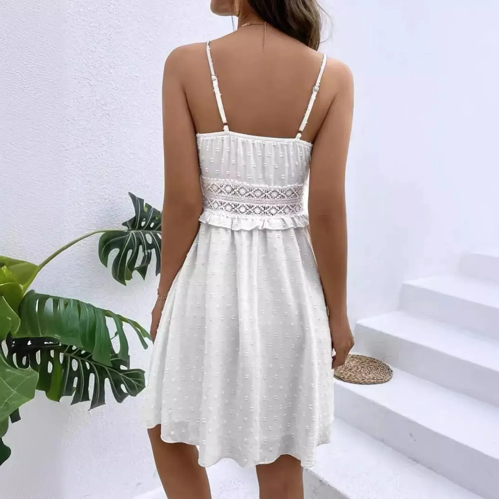 Summer Halter White Casual Splicing Sun Lace Sleeveless V-Neck Fashion Dress