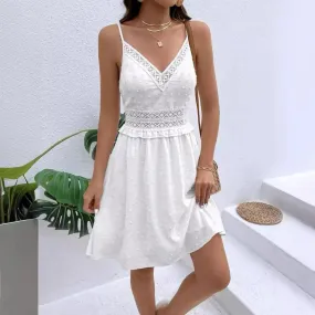 Summer Halter White Casual Splicing Sun Lace Sleeveless V-Neck Fashion Dress