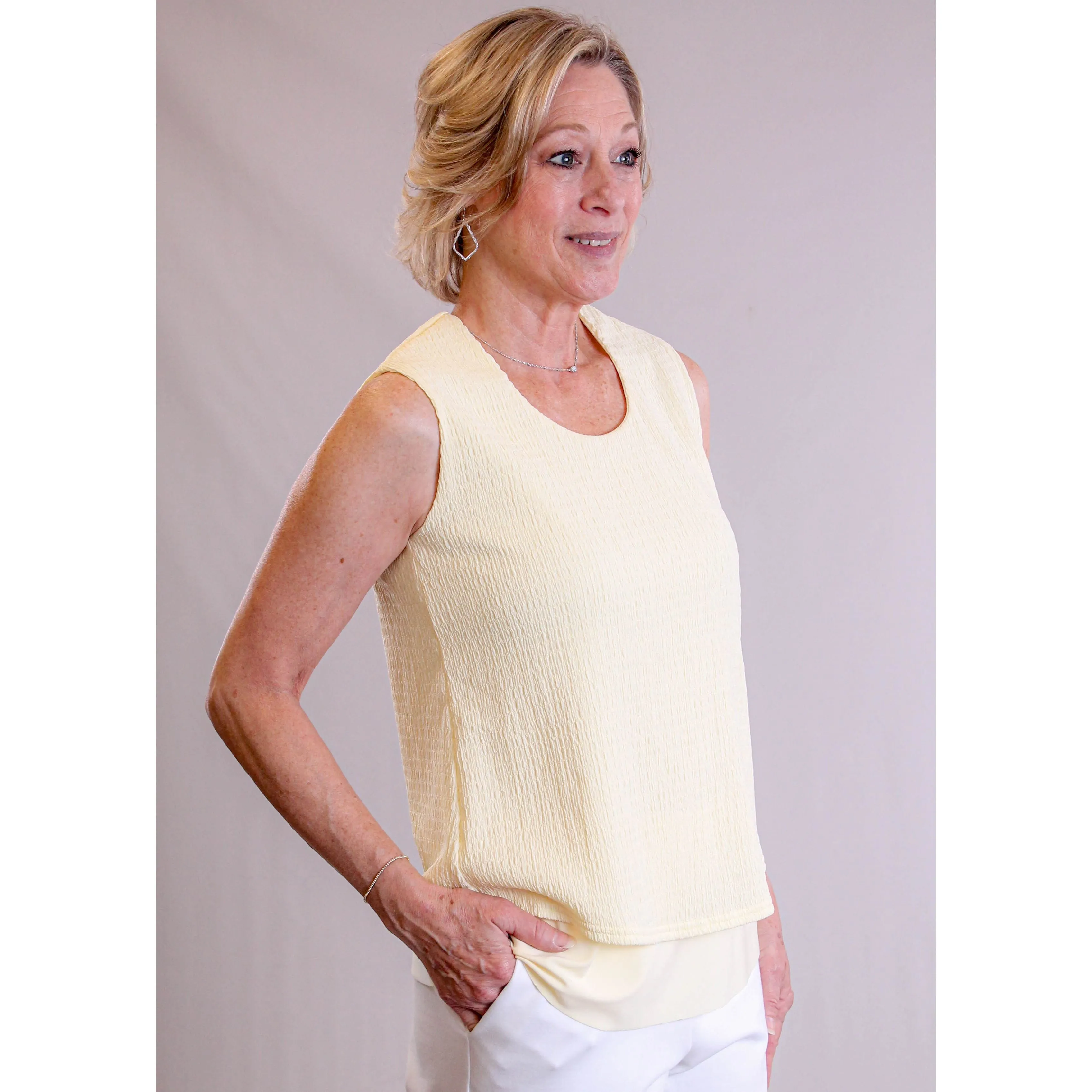 Sympli Sleeveless Double Layer Shell with Jewel Neck