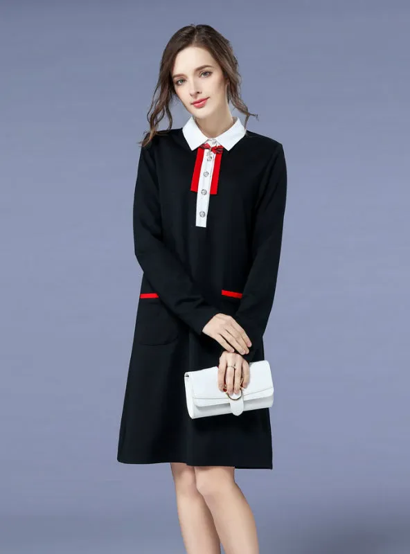 TastyHottie - Black Patchwork Bow Pockets Dress