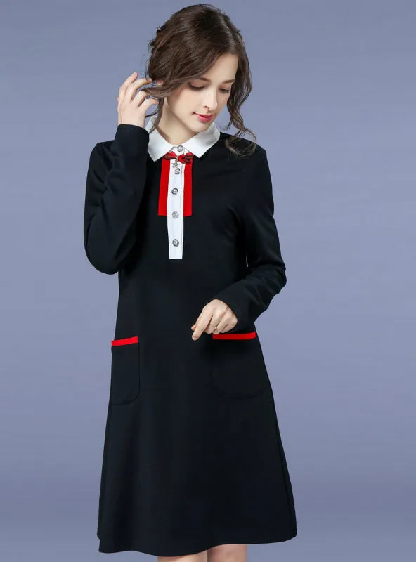 TastyHottie - Black Patchwork Bow Pockets Dress