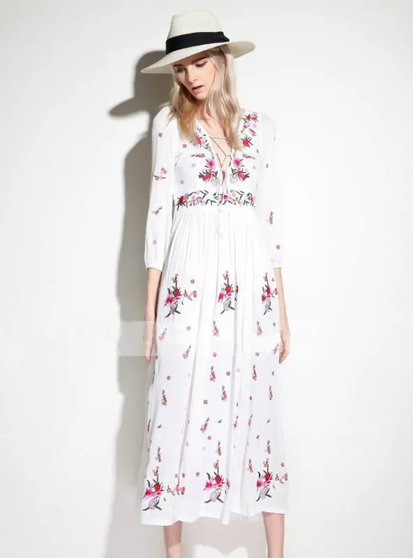 TastyHottie - Floral Embroidery Tassel Casual Maxi Dresses