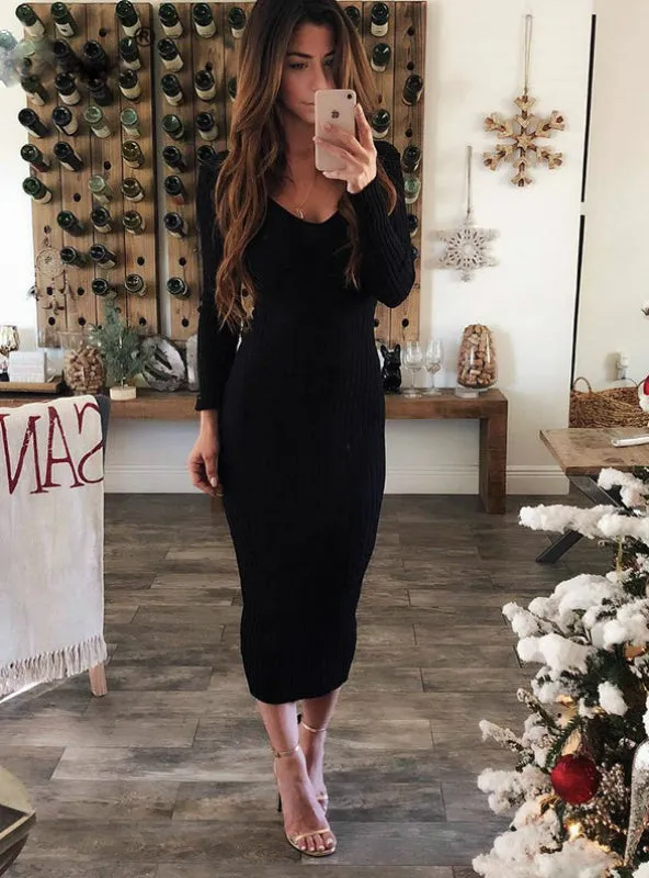 TastyHottie - Long Sleeve Sexy Midi Dresses Elastic Slim Party Dress