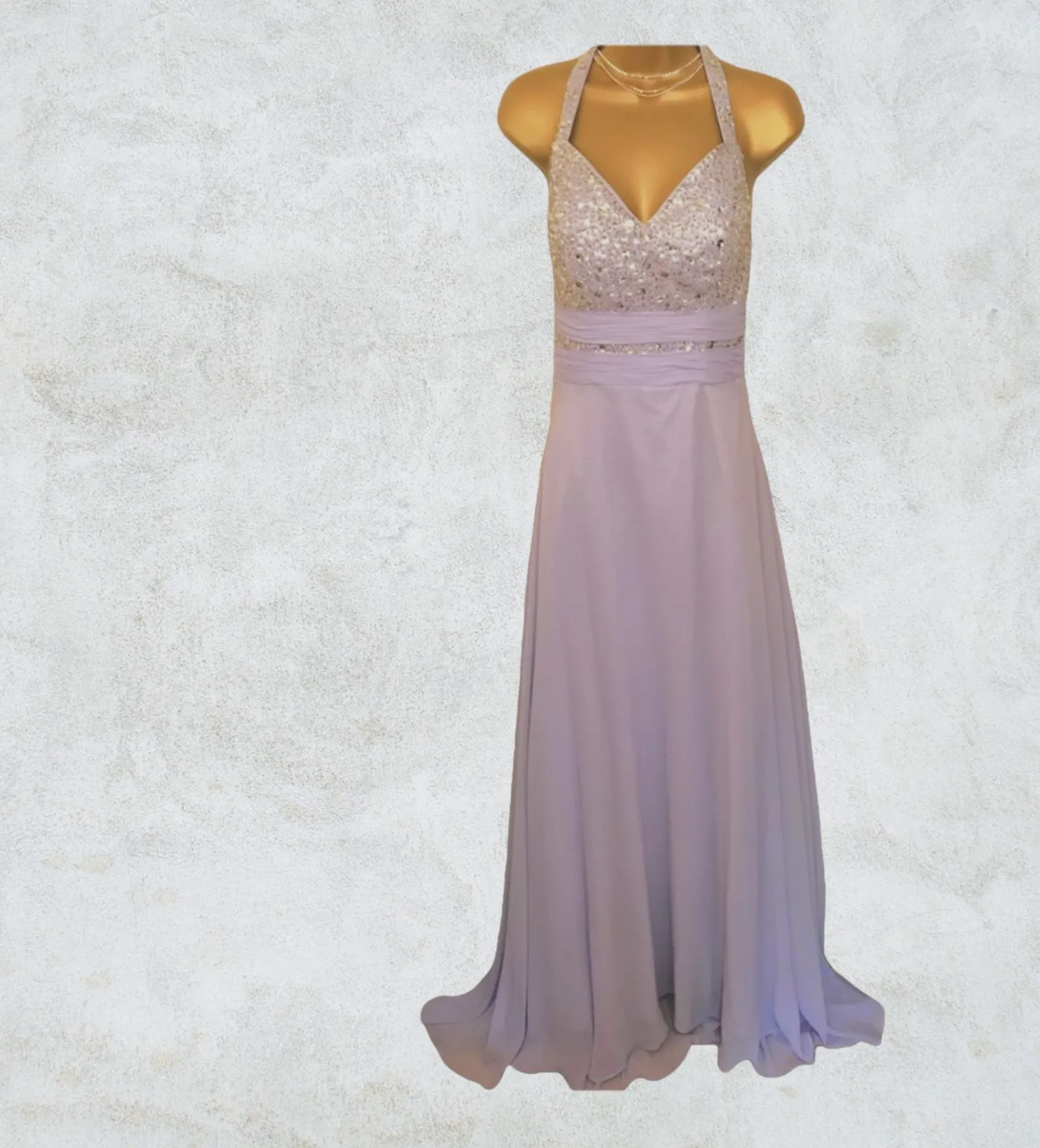 Taylor Gowns Womens Lilac Long Chiffon Diamante Halter Neck Dress UK 6 US 2 EU 34