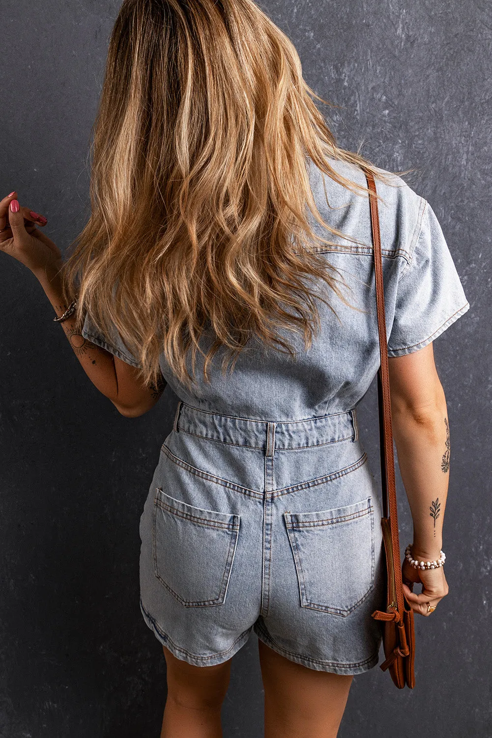 TEEK - Collared Neck Short Sleeve Denim Romper