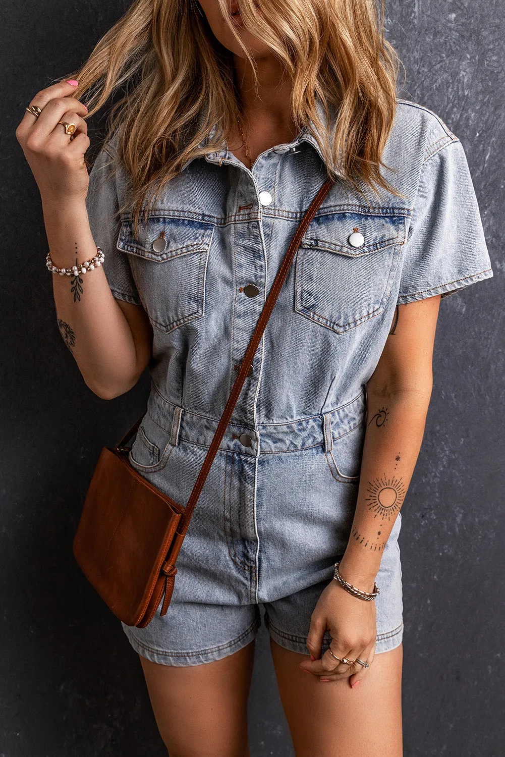 TEEK - Collared Neck Short Sleeve Denim Romper