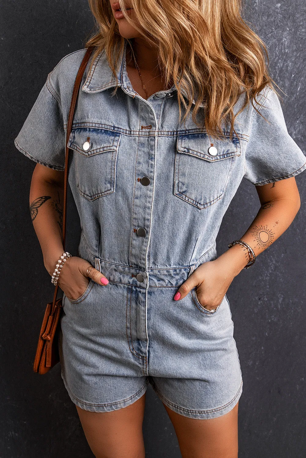 TEEK - Collared Neck Short Sleeve Denim Romper