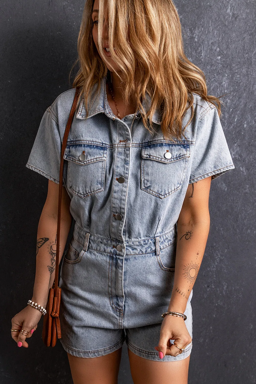 TEEK - Collared Neck Short Sleeve Denim Romper