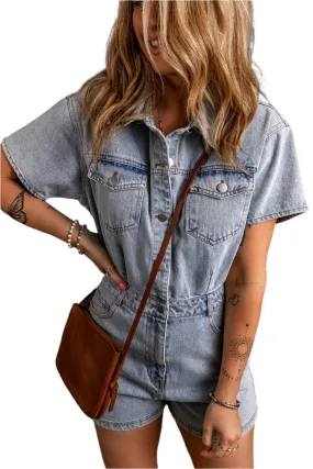 TEEK - Collared Neck Short Sleeve Denim Romper