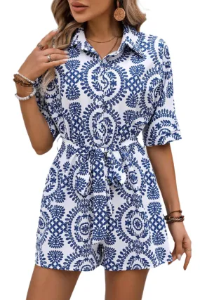 TEEK - Dark Blue Tied Printed Short Sleeve Romper