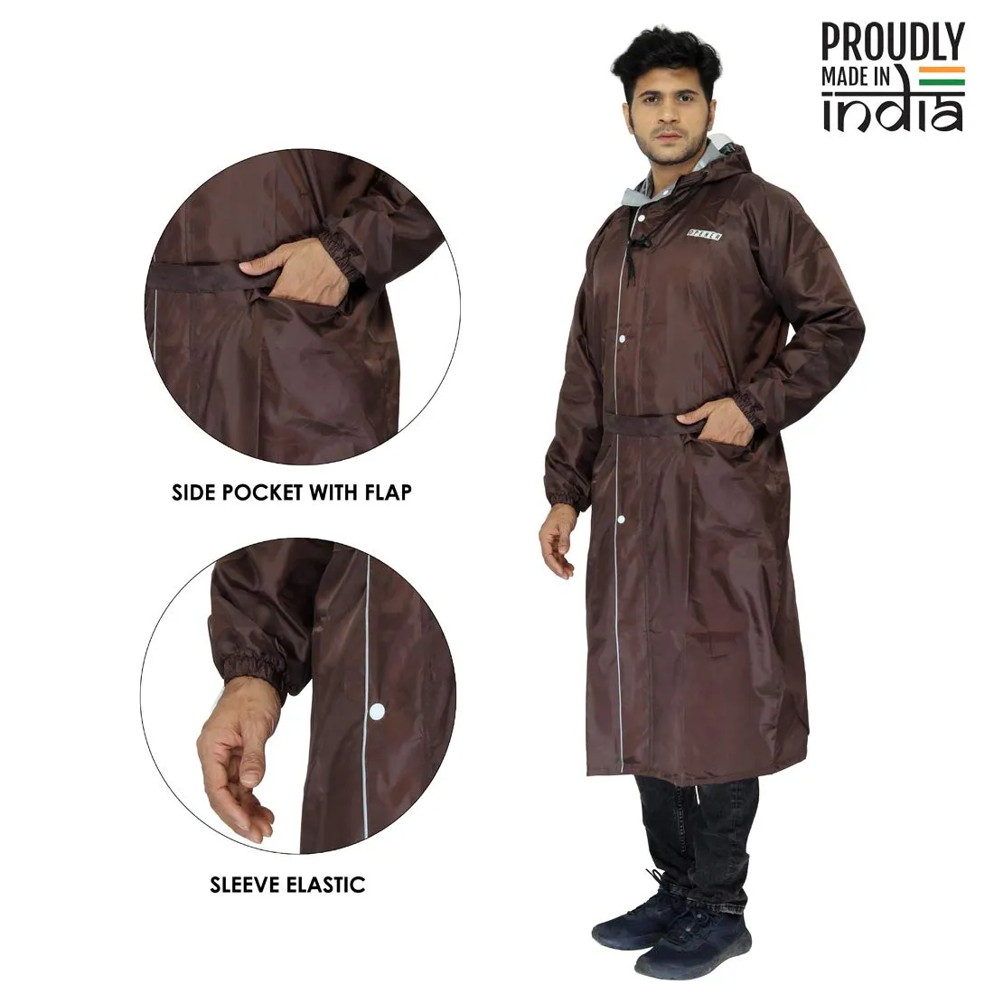 THE CLOWNFISH by STRAUSS Polyester Reversible Use Unisex Waterproof Long Coat Raincoat For Men And Women With Adjustable Hood And Reflector At Back For Night Visibility Opener Series (Brown-Free Size)