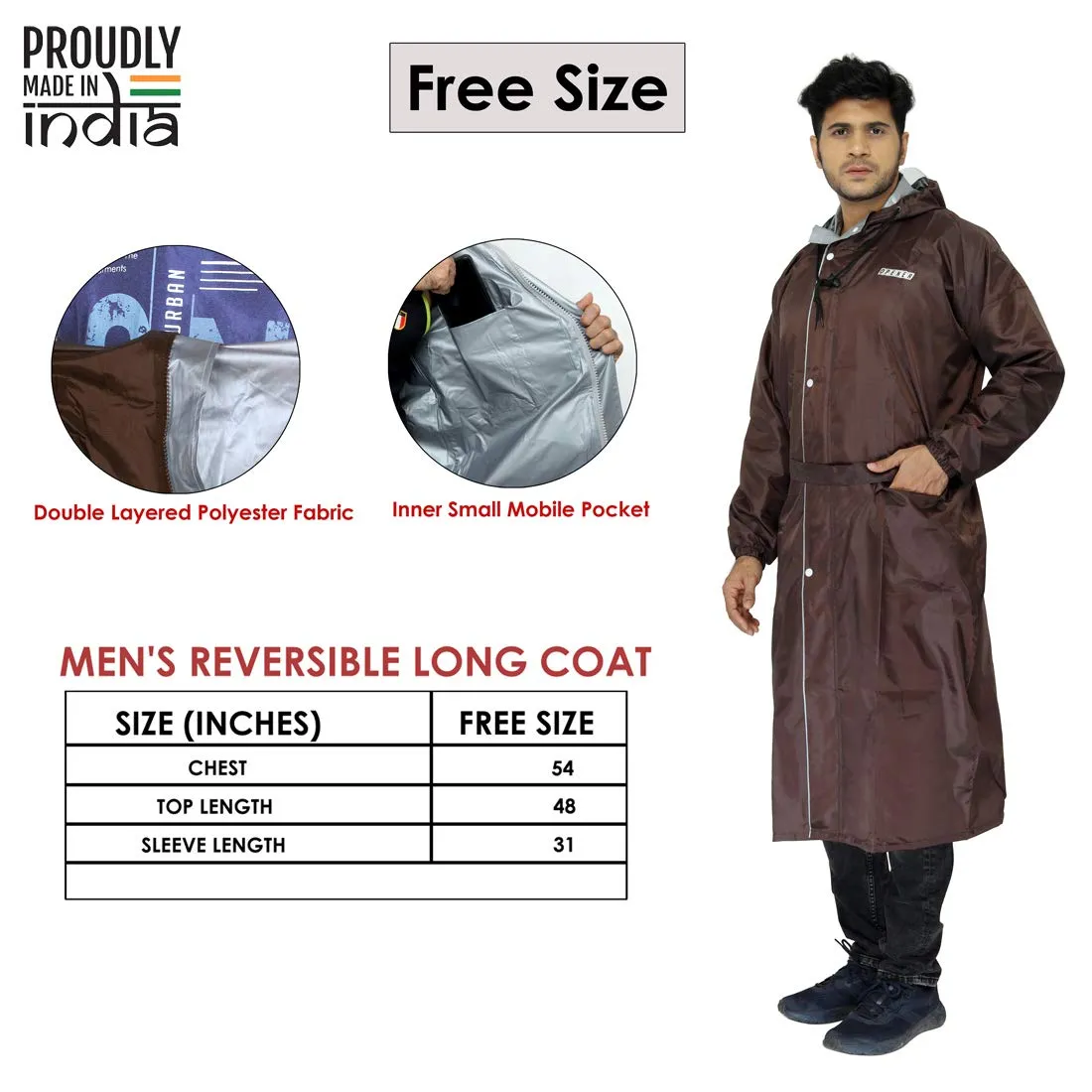 THE CLOWNFISH by STRAUSS Polyester Reversible Use Unisex Waterproof Long Coat Raincoat For Men And Women With Adjustable Hood And Reflector At Back For Night Visibility Opener Series (Brown-Free Size)