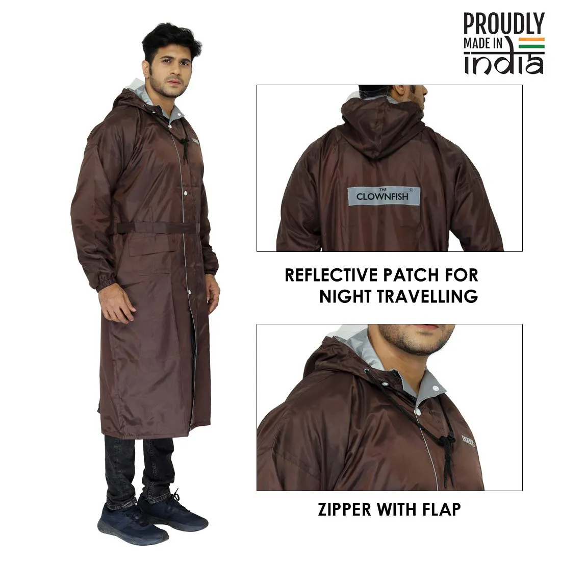 THE CLOWNFISH by STRAUSS Polyester Reversible Use Unisex Waterproof Long Coat Raincoat For Men And Women With Adjustable Hood And Reflector At Back For Night Visibility Opener Series (Brown-Free Size)