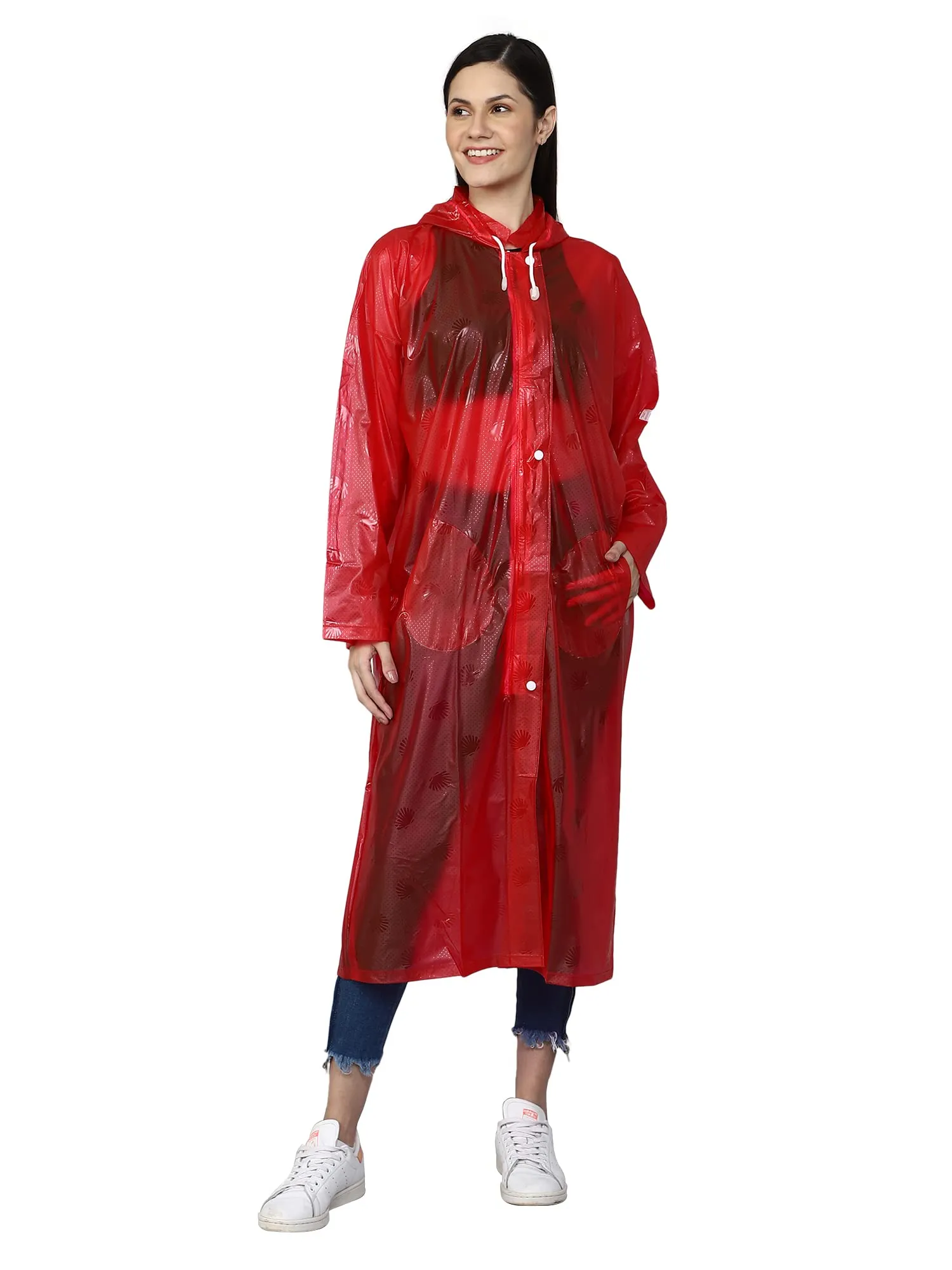 THE CLOWNFISH Cindrella Series Womens Waterproof PVC Self Design Longcoat/Raincoat with Adjustable Hood (Blue, X-Large)