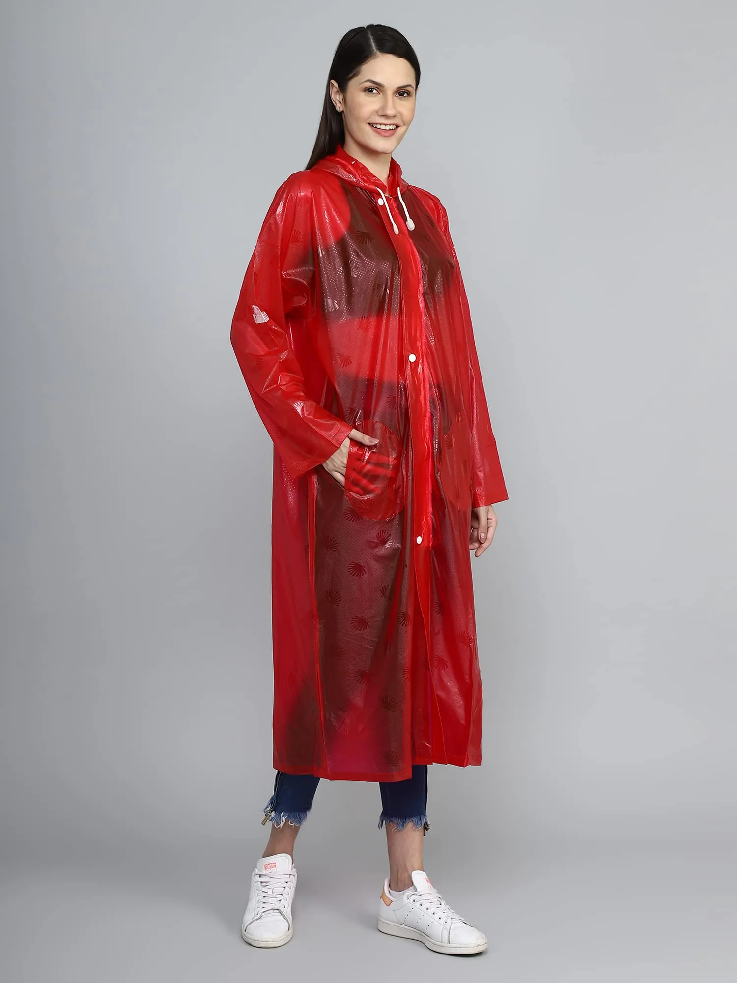 THE CLOWNFISH Cindrella Series Womens Waterproof PVC Self Design Longcoat/Raincoat with Adjustable Hood (Blue, X-Large)