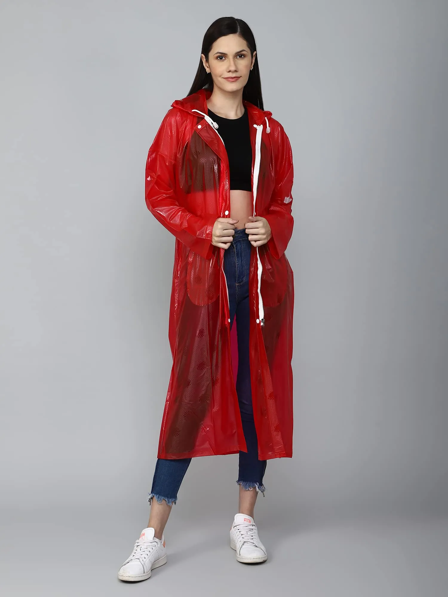 THE CLOWNFISH Cindrella Series Womens Waterproof PVC Self Design Longcoat/Raincoat with Adjustable Hood (Blue, X-Large)