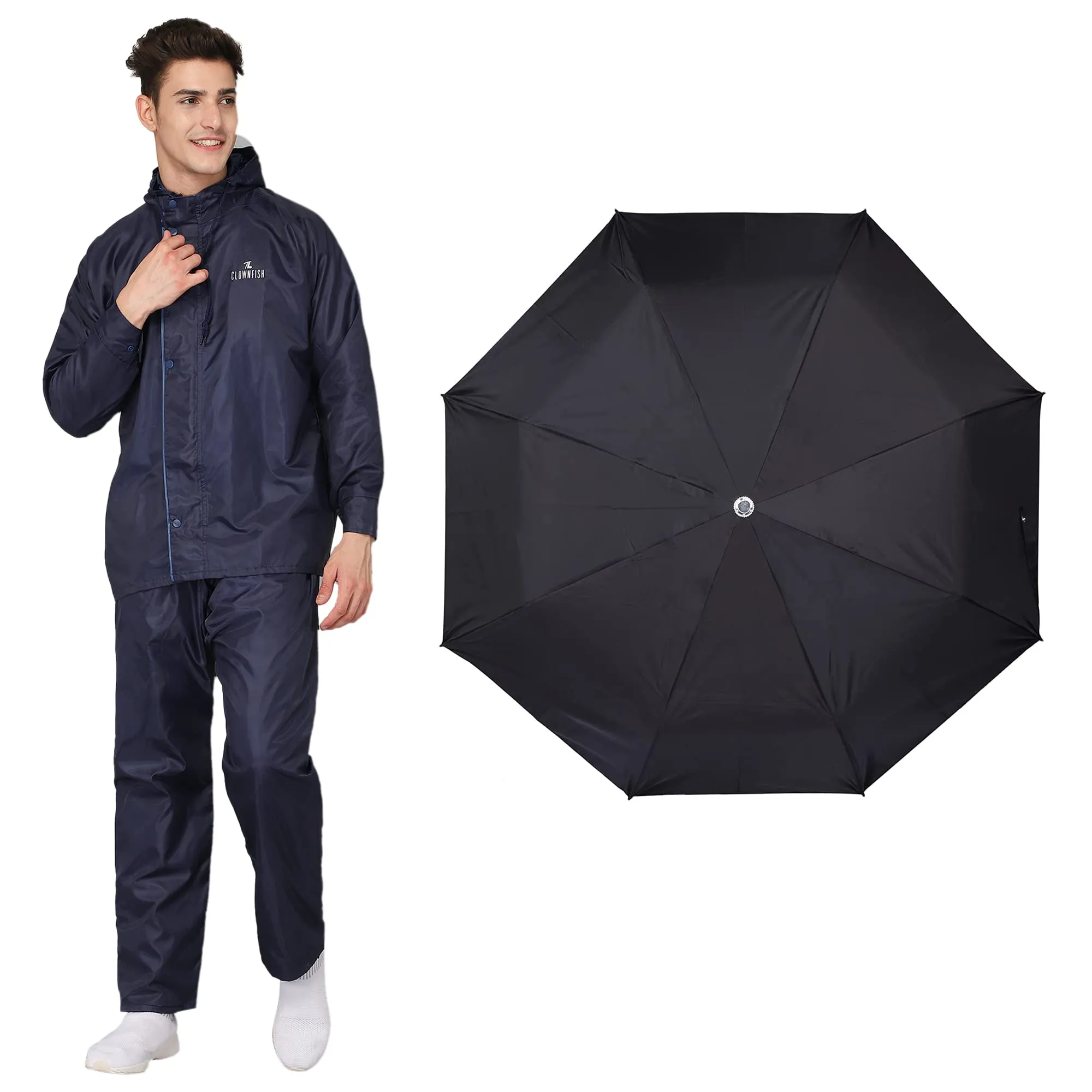 THE CLOWNFISH Combo Of Rain Coat for Men Waterproof Polyester (Blue 2XL) Umbrella Savior Series 3 Fold Waterproof Polyester (Black)