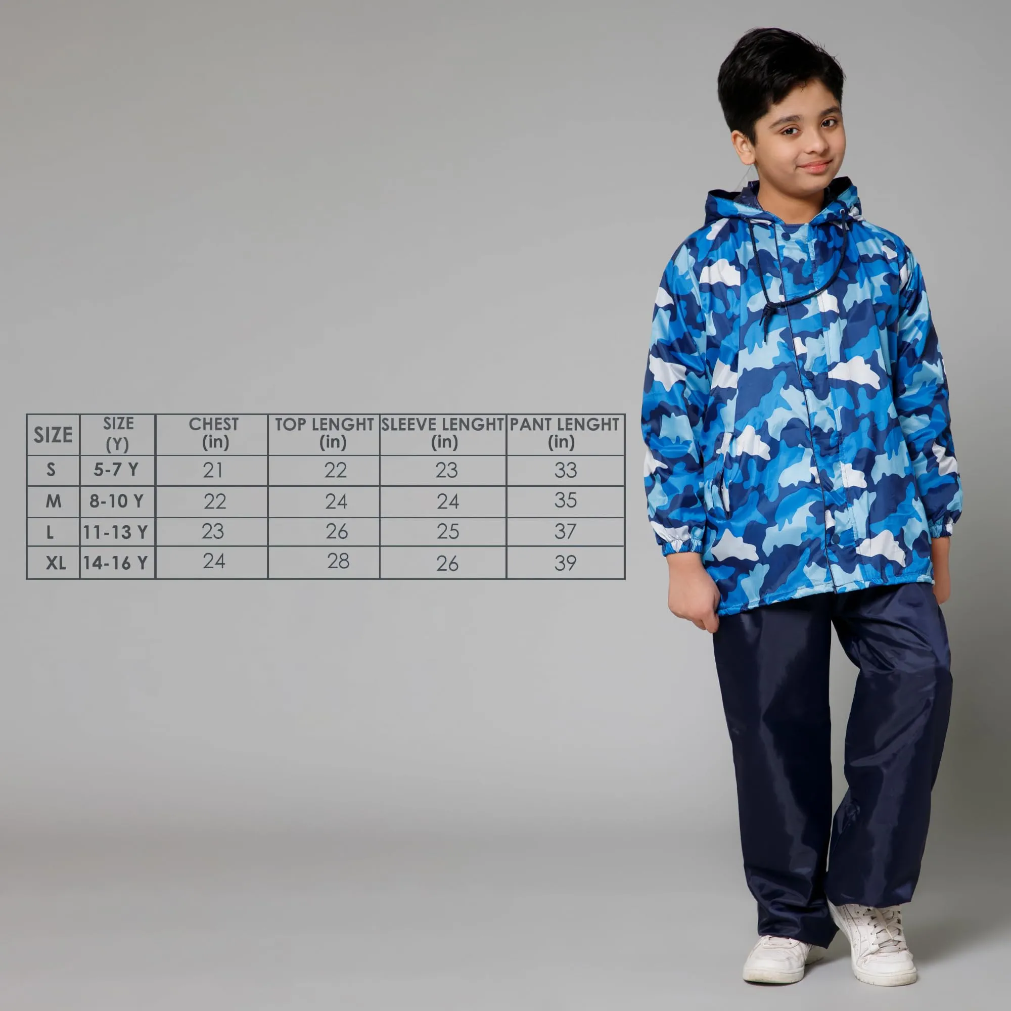 THE CLOWNFISH Comrad Series Kids Waterproof Nylon Double Coating Reversible Raincoat with Hood and Reflector Logo at Back. Set of Top and Bottom. Printed Plastic Pouch. Kid Age-5-7 years(Blue Camo)