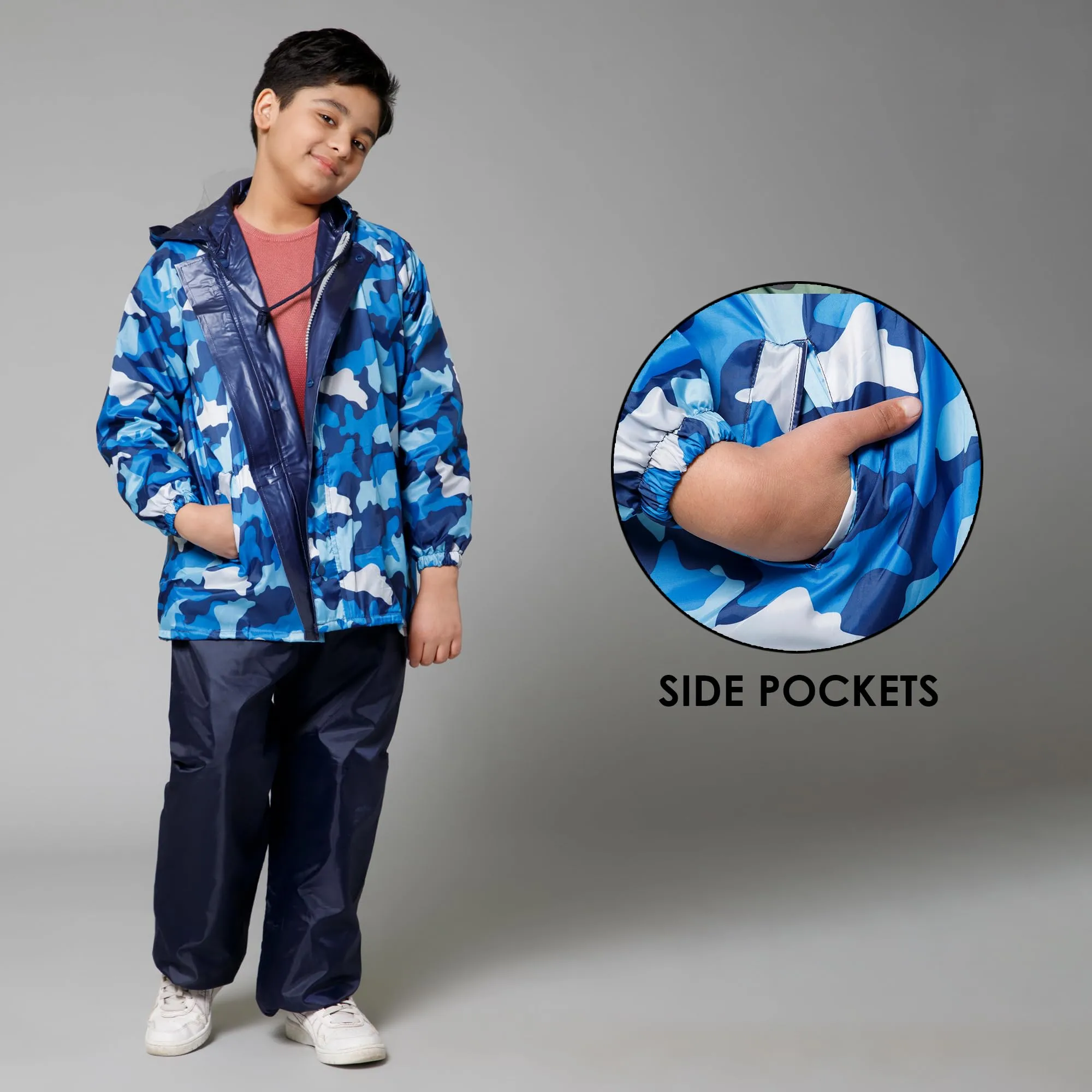 THE CLOWNFISH Comrad Series Kids Waterproof Nylon Double Coating Reversible Raincoat with Hood and Reflector Logo at Back. Set of Top and Bottom. Printed Plastic Pouch. Kid Age-5-7 years(Blue Camo)