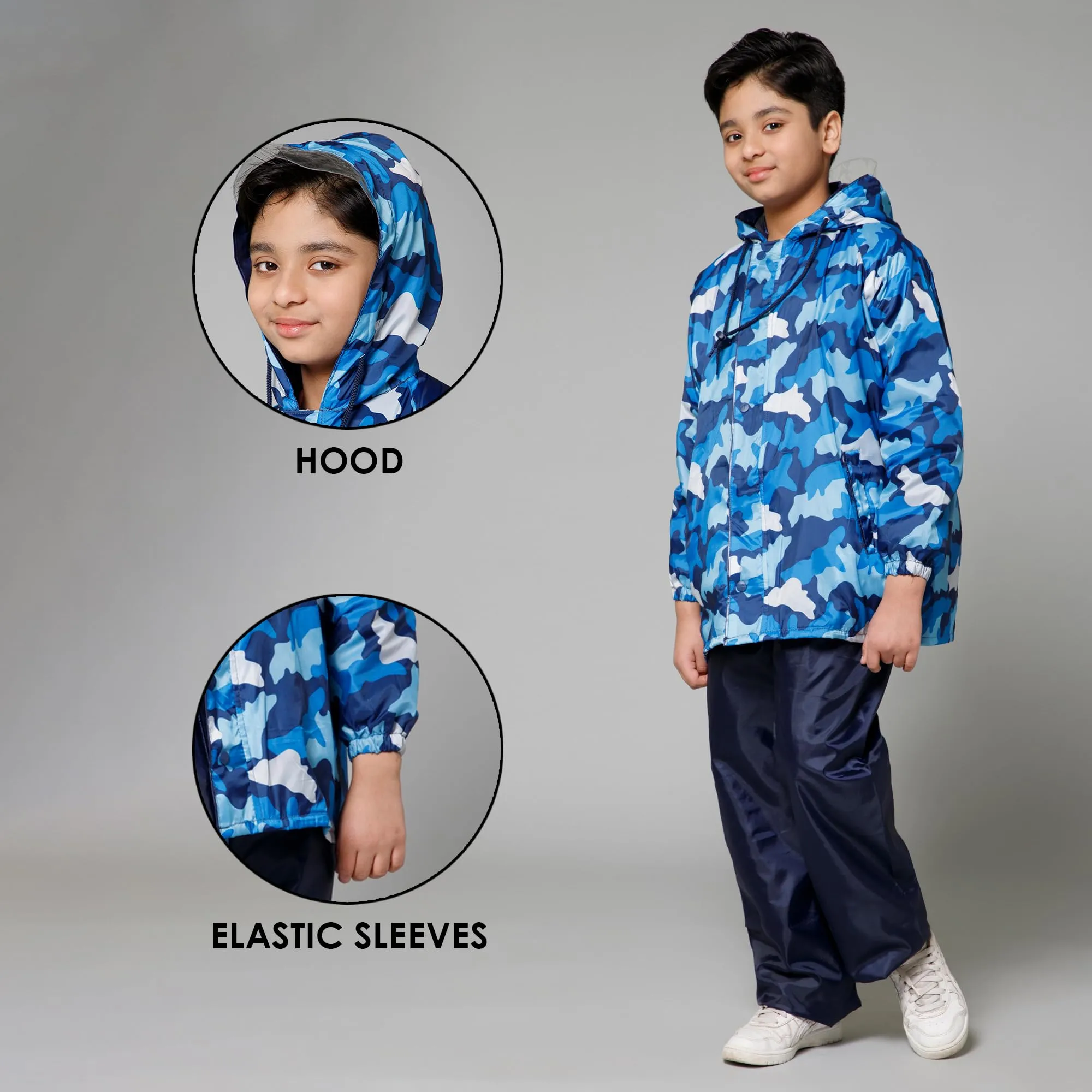 THE CLOWNFISH Comrad Series Kids Waterproof Nylon Double Coating Reversible Raincoat with Hood and Reflector Logo at Back. Set of Top and Bottom. Printed Plastic Pouch. Kid Age-5-7 years(Blue Camo)