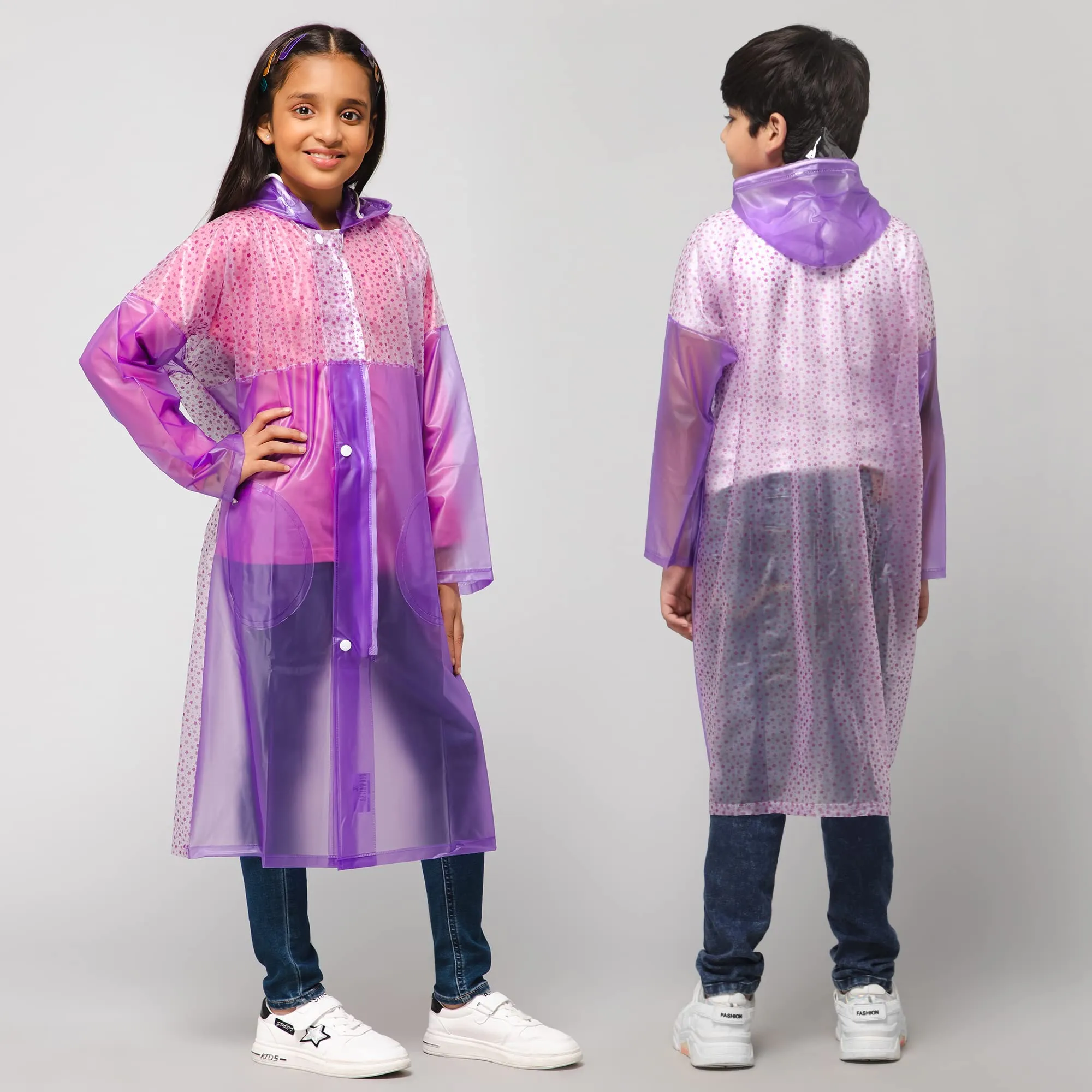 THE CLOWNFISH Drip Dude Series Unisex Kids Waterproof Single Layer PVC Longcoat/Raincoat with Adjustable Hood. Age-5-6 Years (Purple)