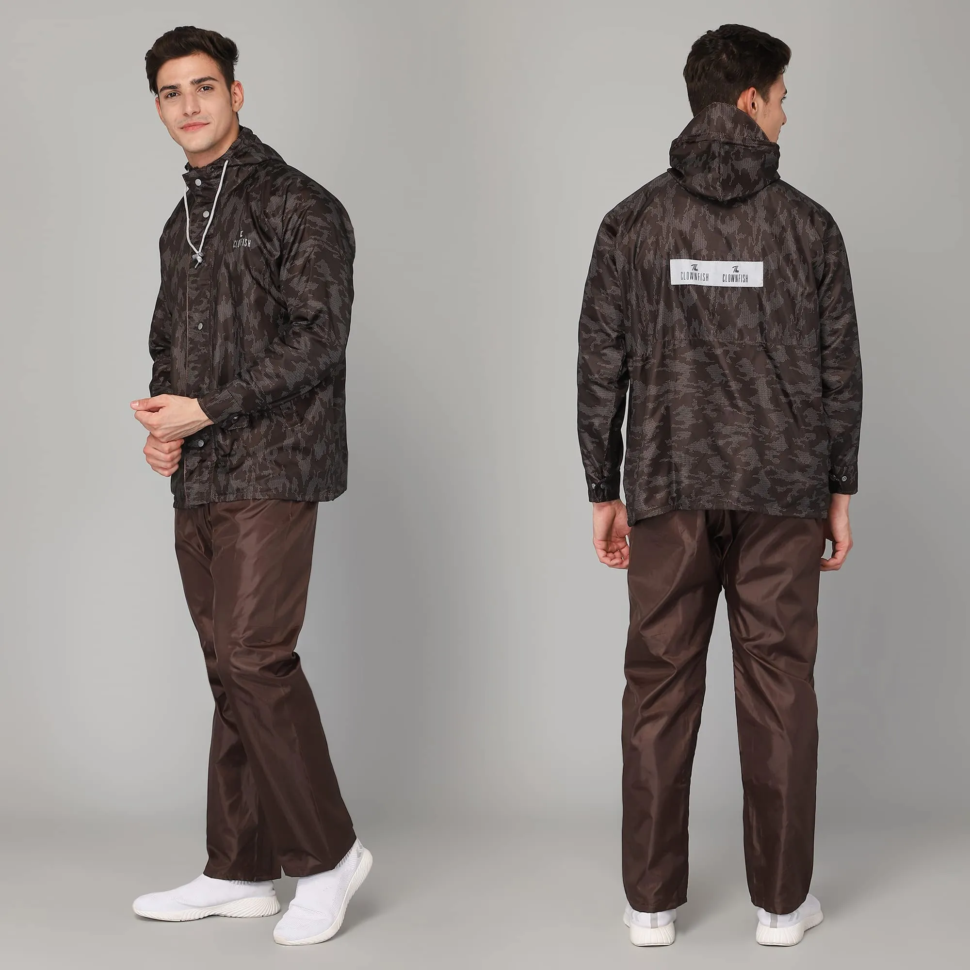 THE CLOWNFISH Francis Series Men's Waterproof Polyester Double Coating Reversible Raincoat with Hood and Reflector Logo at Back. Set of Top and Bottom. Printed Plastic Pouch with Rope (Brown, 3XL)