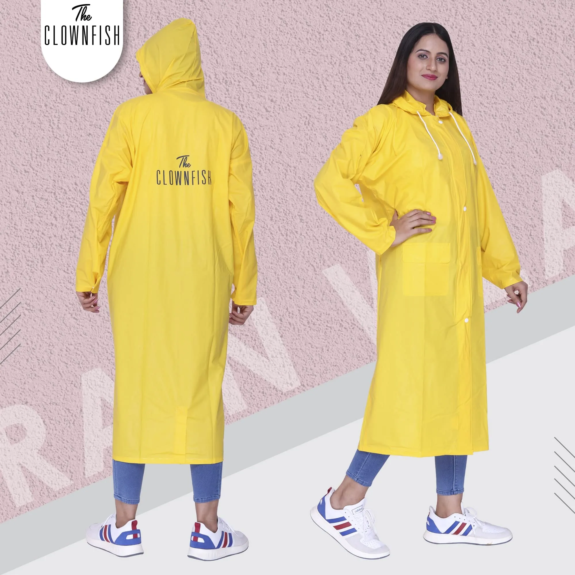 THE CLOWNFISH Indus Pro Series Women's Waterproof PVC Raincoat/Longcoat with Adjustable Hood- With Storage Bag (Yellow, XL)