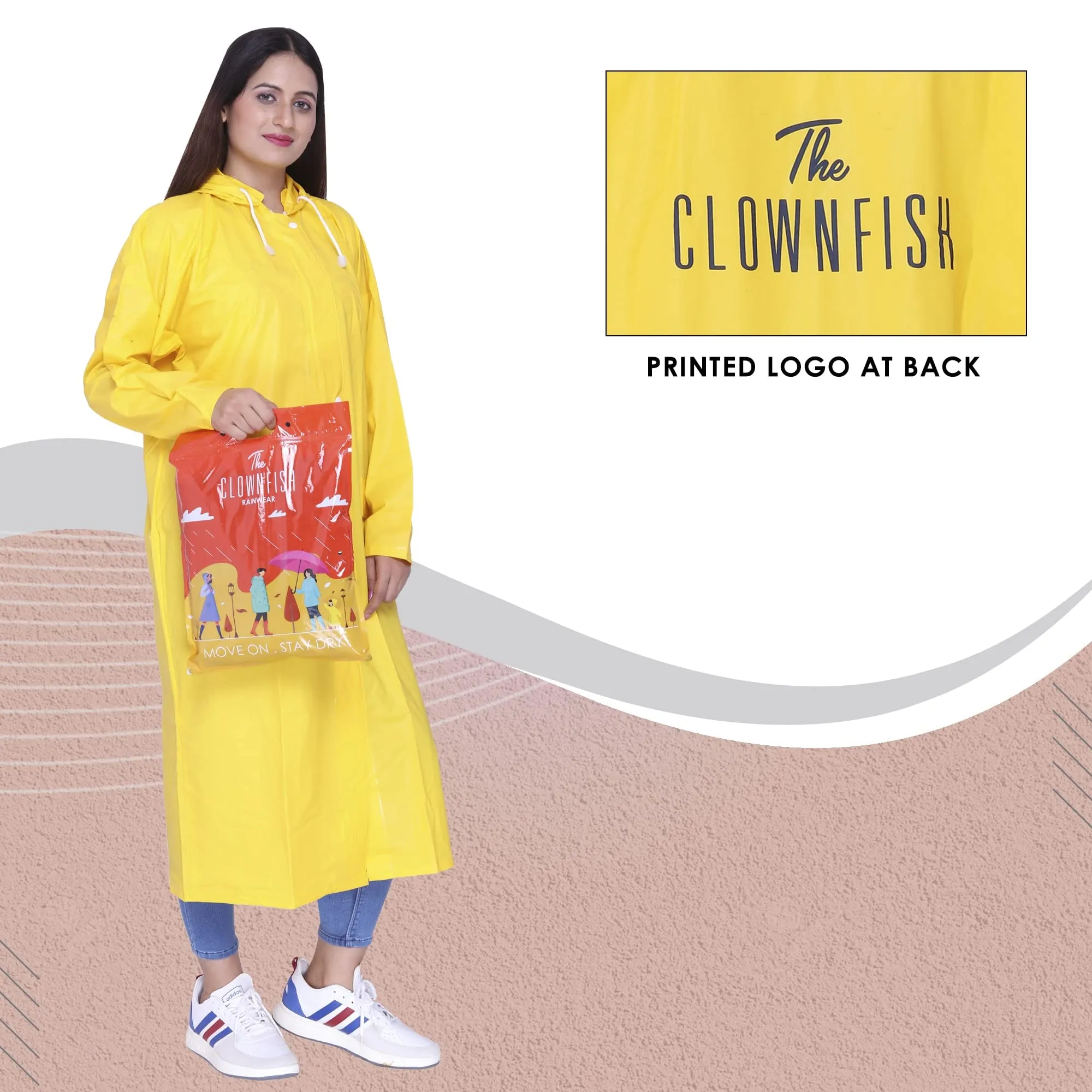 THE CLOWNFISH Indus Pro Series Women's Waterproof PVC Raincoat/Longcoat with Adjustable Hood- With Storage Bag (Yellow, XL)