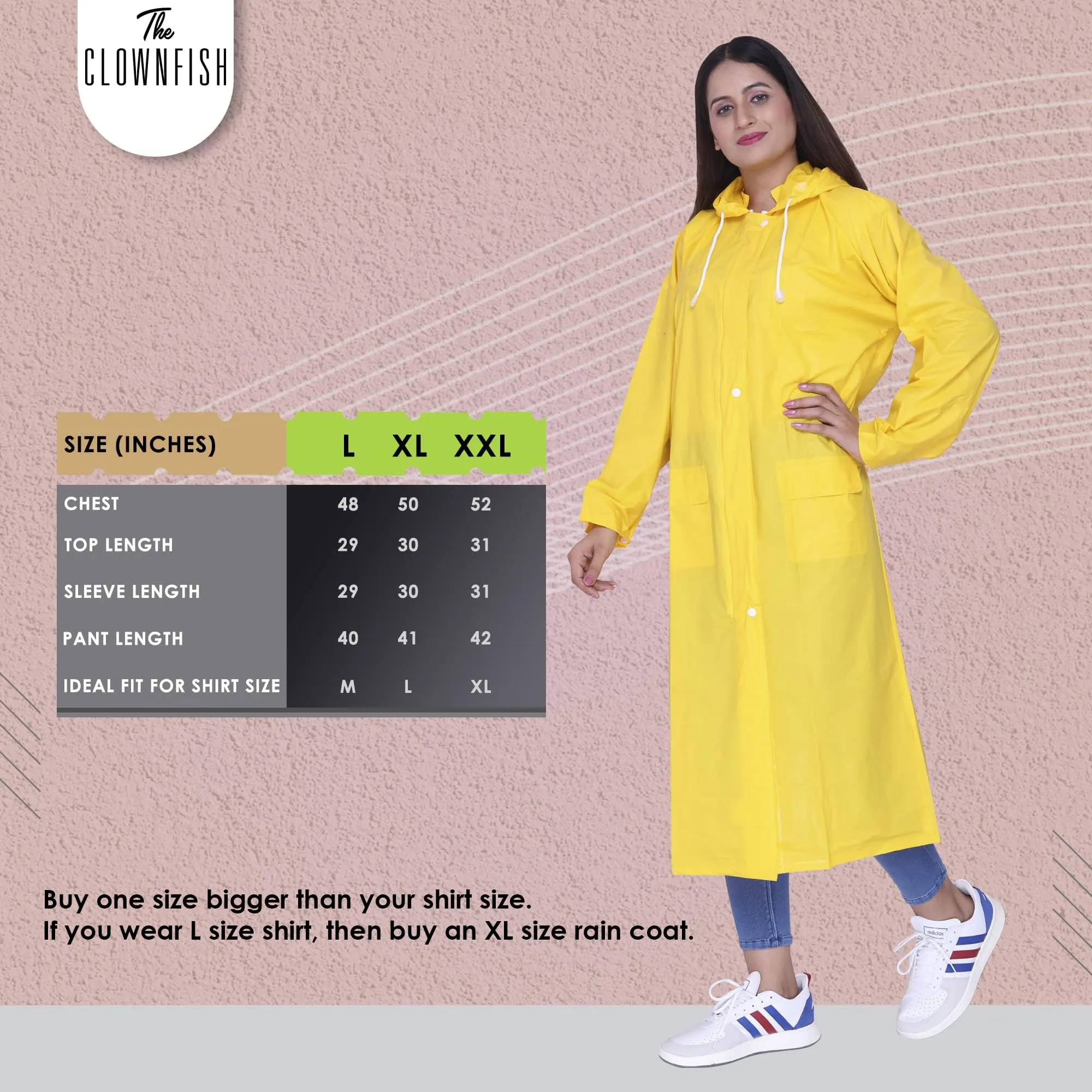 THE CLOWNFISH Indus Pro Series Women's Waterproof PVC Raincoat/Longcoat with Adjustable Hood- With Storage Bag (Yellow, XL)