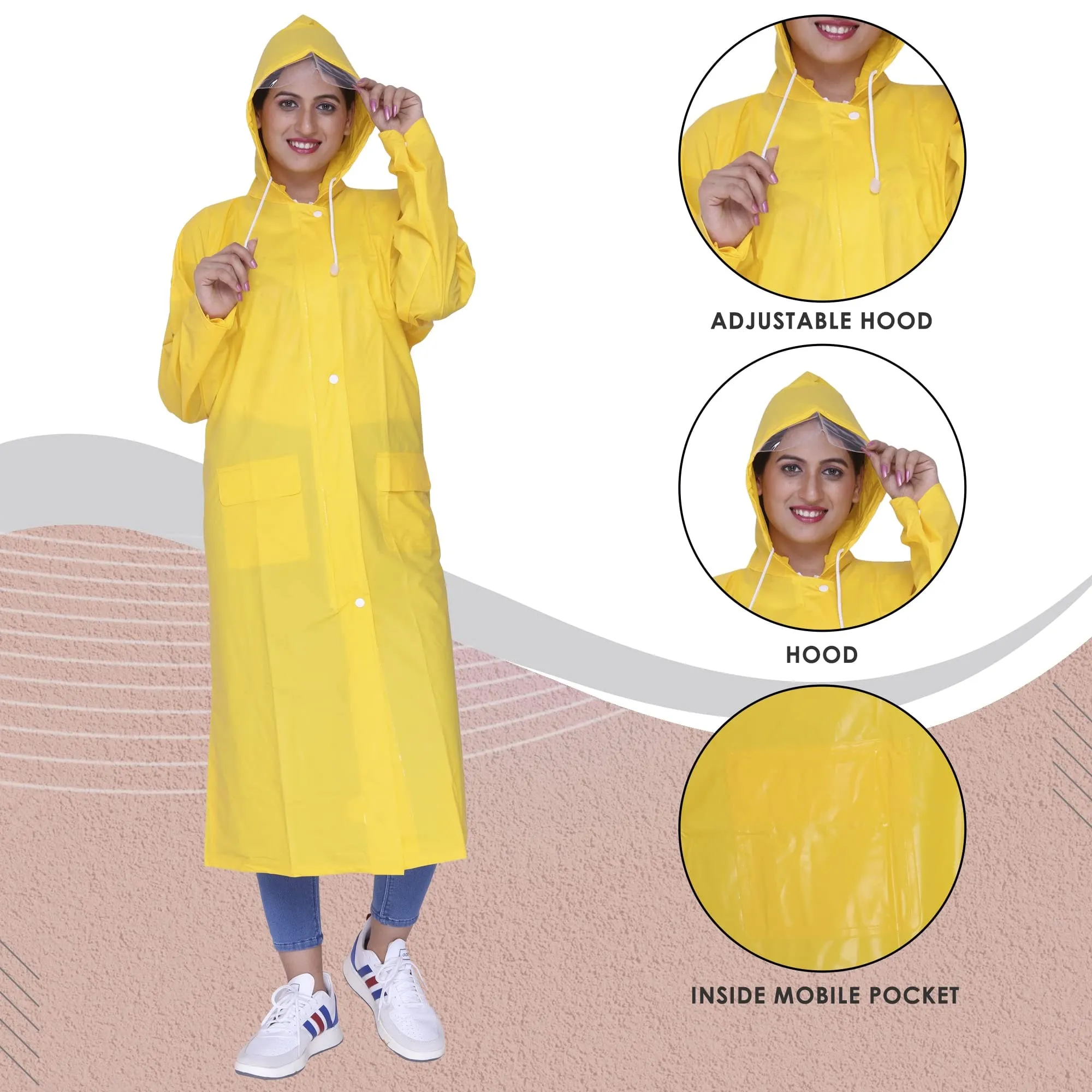 THE CLOWNFISH Indus Pro Series Women's Waterproof PVC Raincoat/Longcoat with Adjustable Hood- With Storage Bag (Yellow, XL)