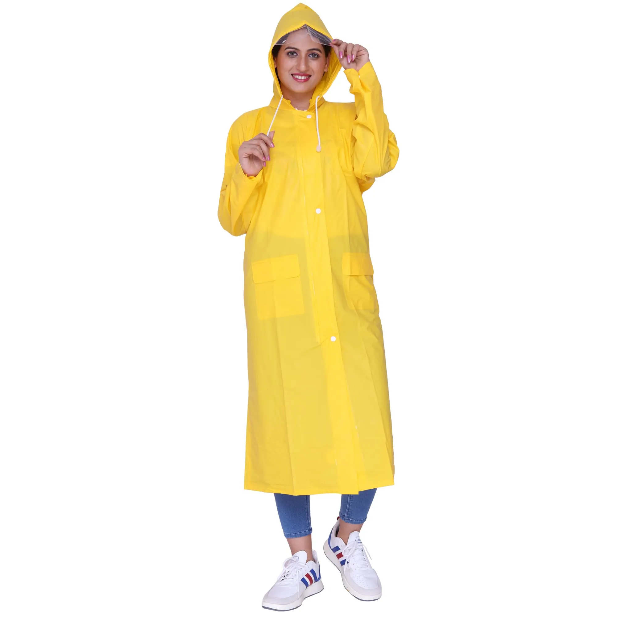 THE CLOWNFISH Indus Pro Series Women's Waterproof PVC Raincoat/Longcoat with Adjustable Hood- With Storage Bag (Yellow, XL)