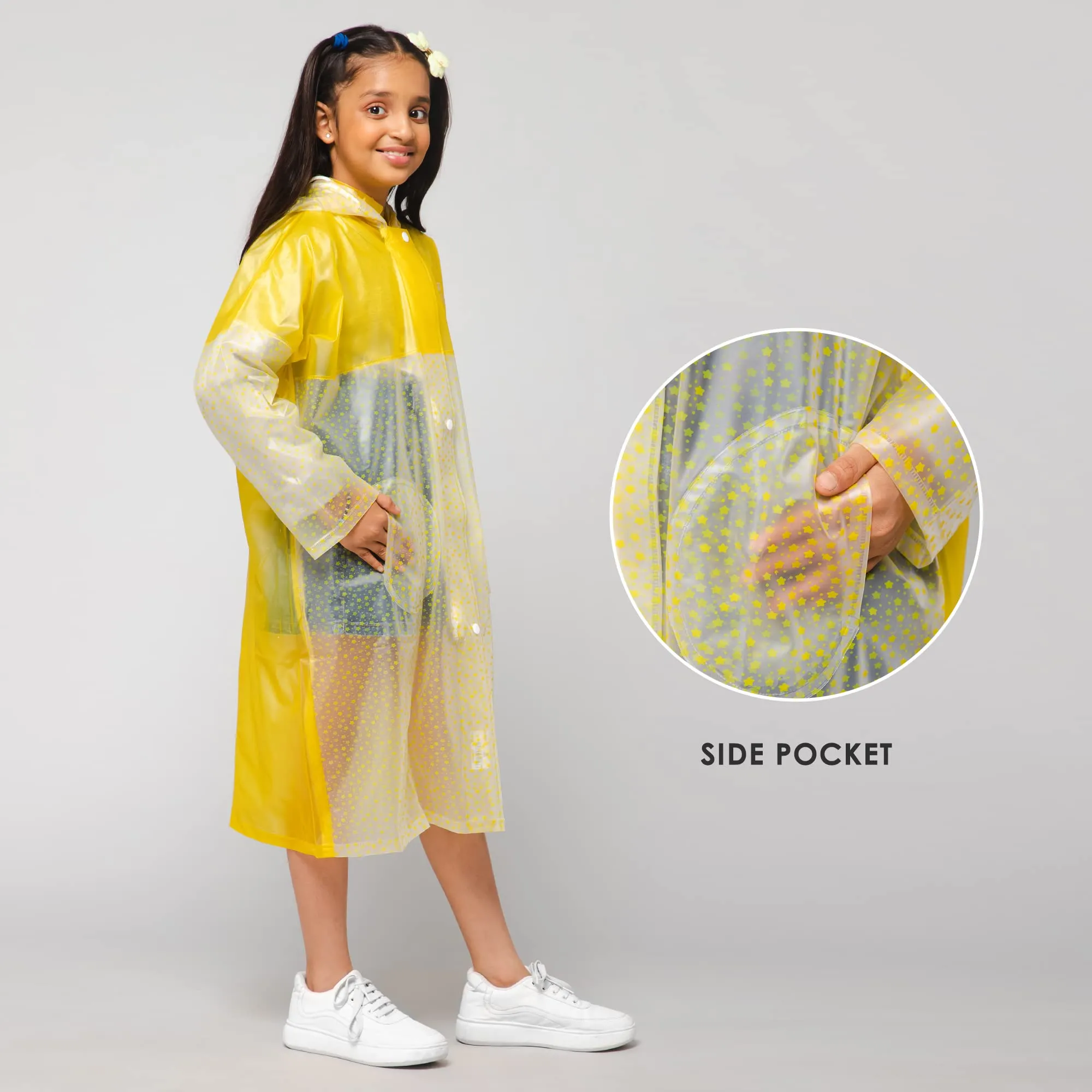 THE CLOWNFISH Misty Magic Series Unisex Kids Waterproof Single Layer PVC Longcoat/Raincoat with Adjustable Hood. Age-4-5 Years (Lemon Yellow)