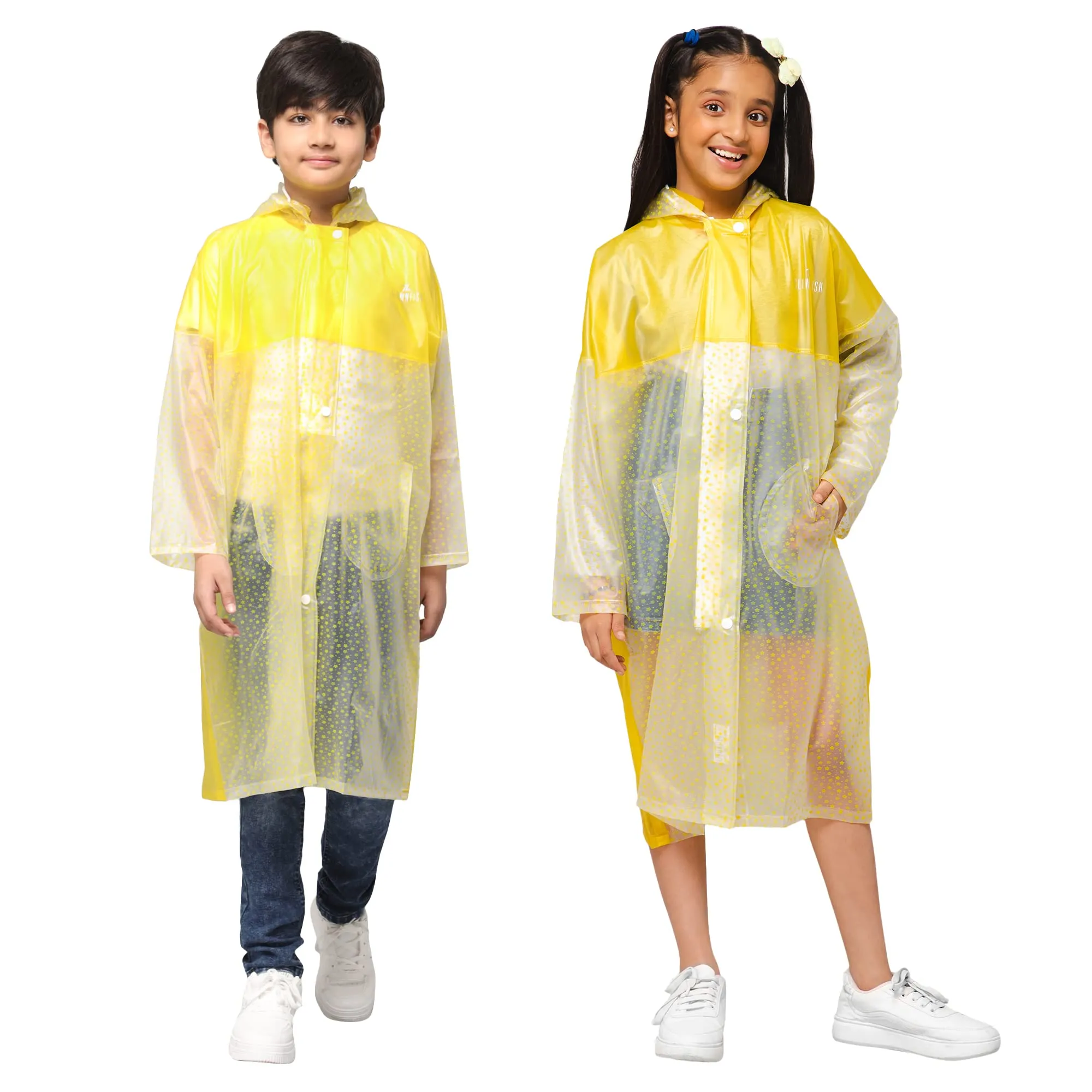 THE CLOWNFISH Misty Magic Series Unisex Kids Waterproof Single Layer PVC Longcoat/Raincoat with Adjustable Hood. Age-4-5 Years (Lemon Yellow)