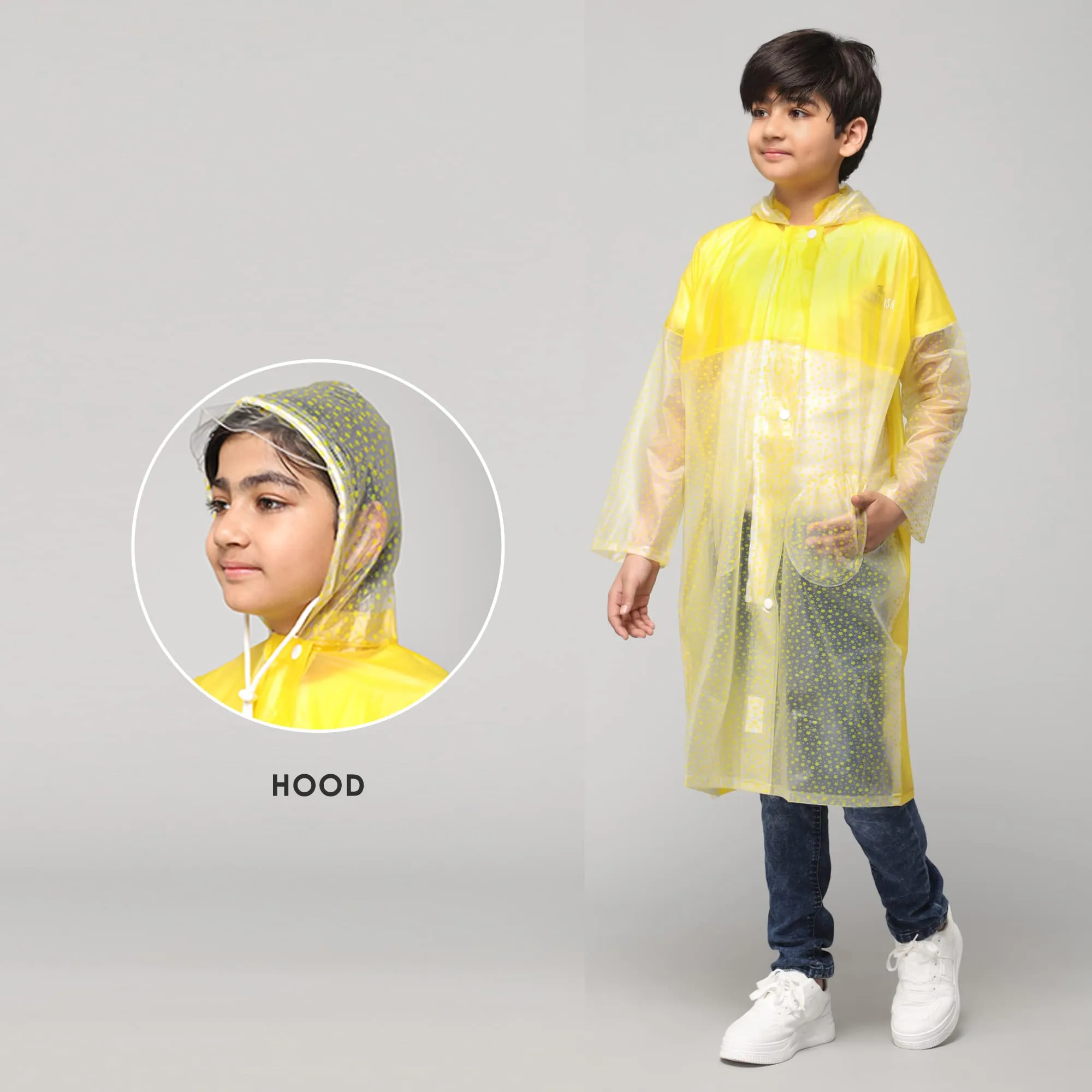 THE CLOWNFISH Misty Magic Series Unisex Kids Waterproof Single Layer PVC Longcoat/Raincoat with Adjustable Hood. Age-4-5 Years (Lemon Yellow)