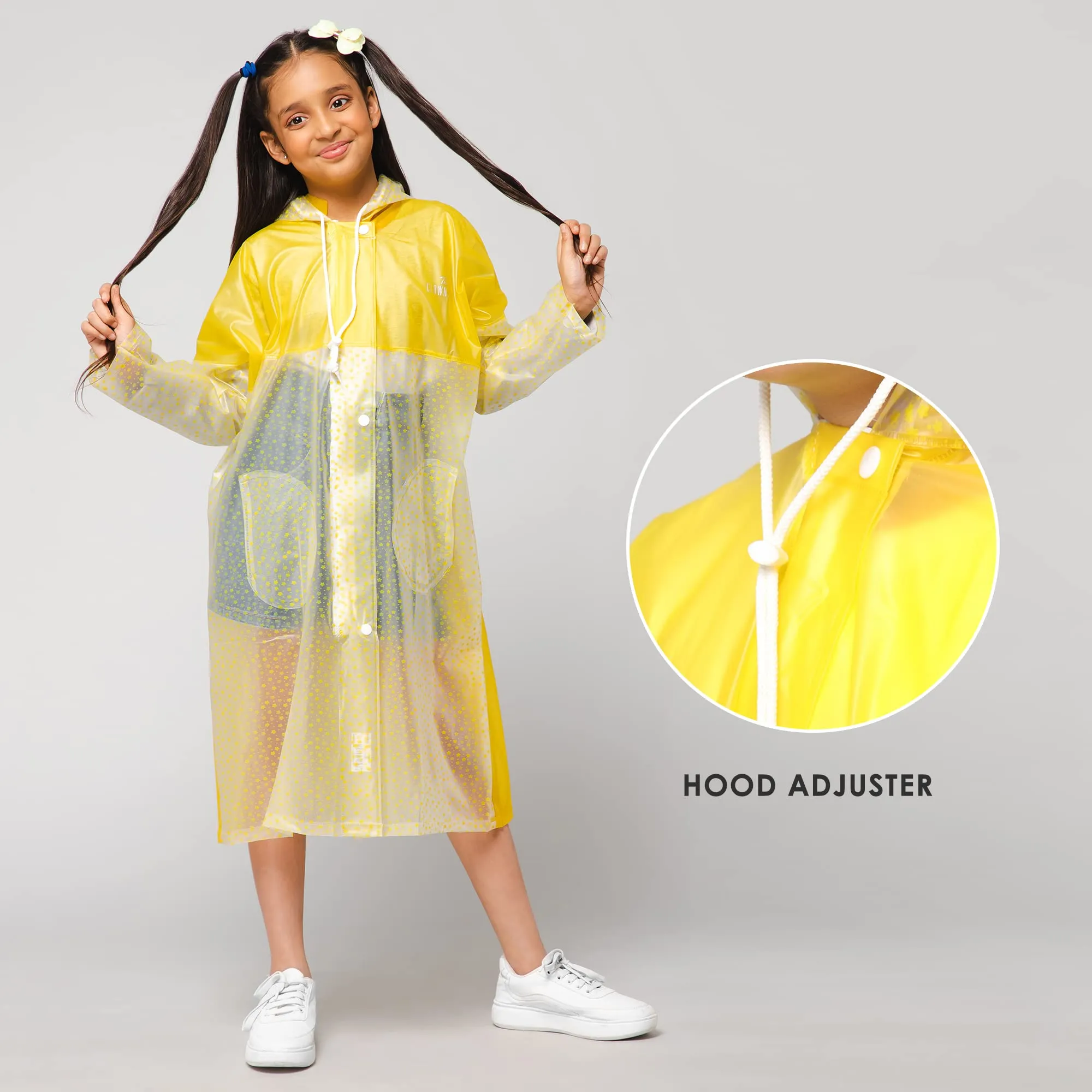 THE CLOWNFISH Misty Magic Series Unisex Kids Waterproof Single Layer PVC Longcoat/Raincoat with Adjustable Hood. Age-4-5 Years (Lemon Yellow)