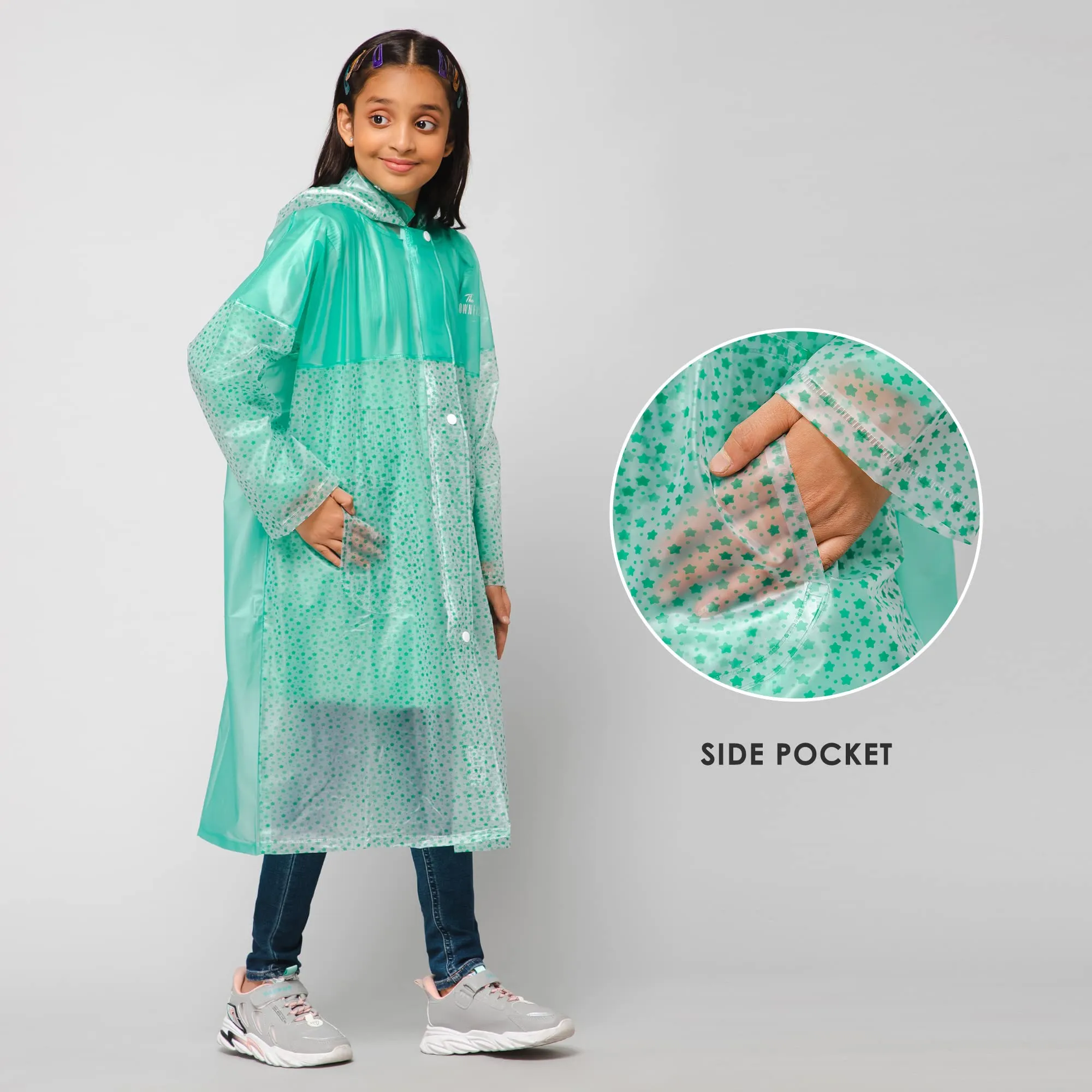 THE CLOWNFISH Misty Magic Series Unisex Kids Waterproof Single Layer PVC Longcoat/Raincoat with Adjustable Hood. Age-5-6 Years (Aqua Green)