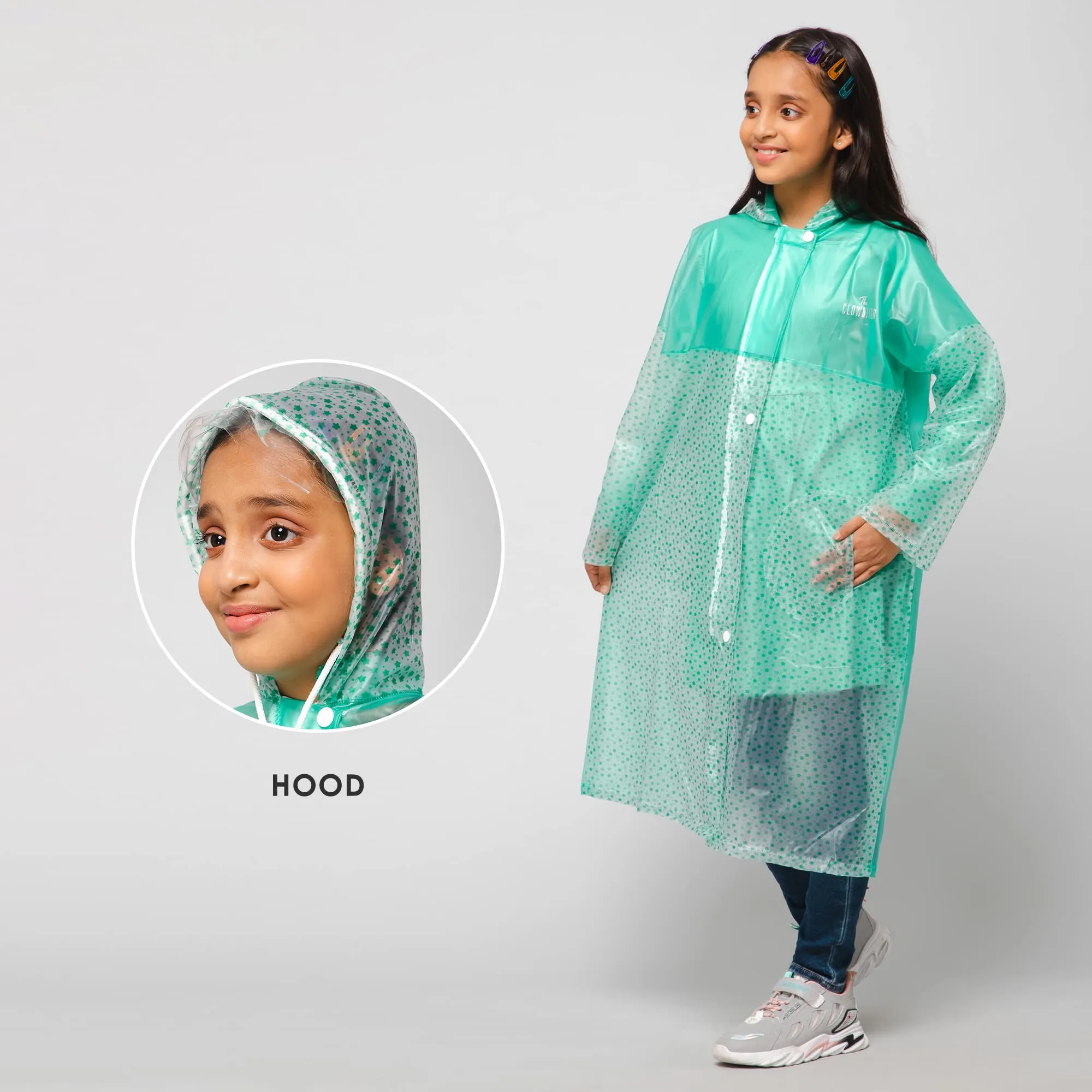 THE CLOWNFISH Misty Magic Series Unisex Kids Waterproof Single Layer PVC Longcoat/Raincoat with Adjustable Hood. Age-5-6 Years (Aqua Green)